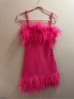 Staud Hot Pink Feather Trim Mini Dress